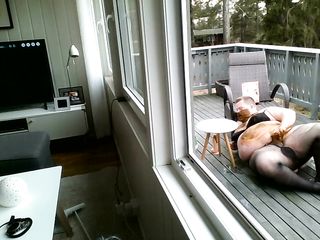 Male: Fat Pig Plays Outdoors On His Balcony Wearing Wife's Clothes