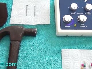 Woman Tormented With Needles, Nails And Gets Off To Electro Stimulation